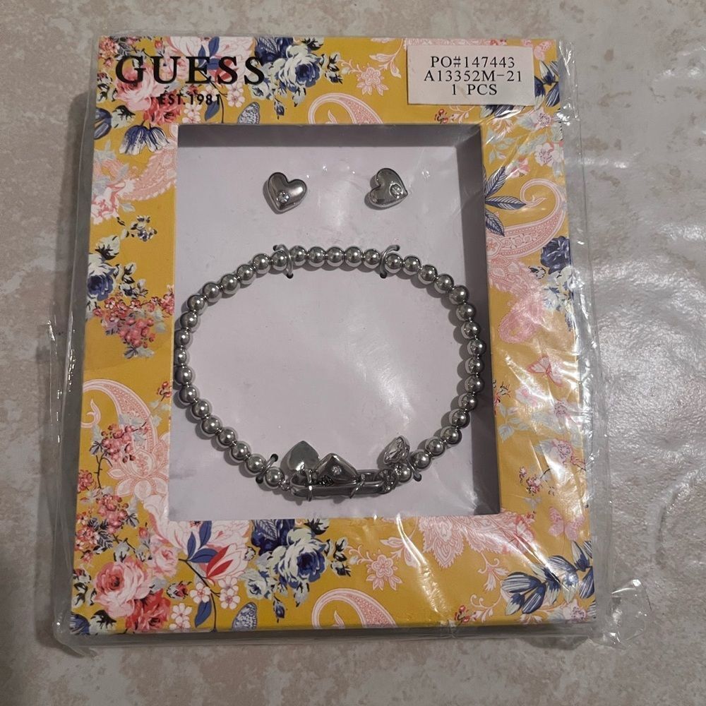 Guess Silver Heart Bracelet and Earrings Set